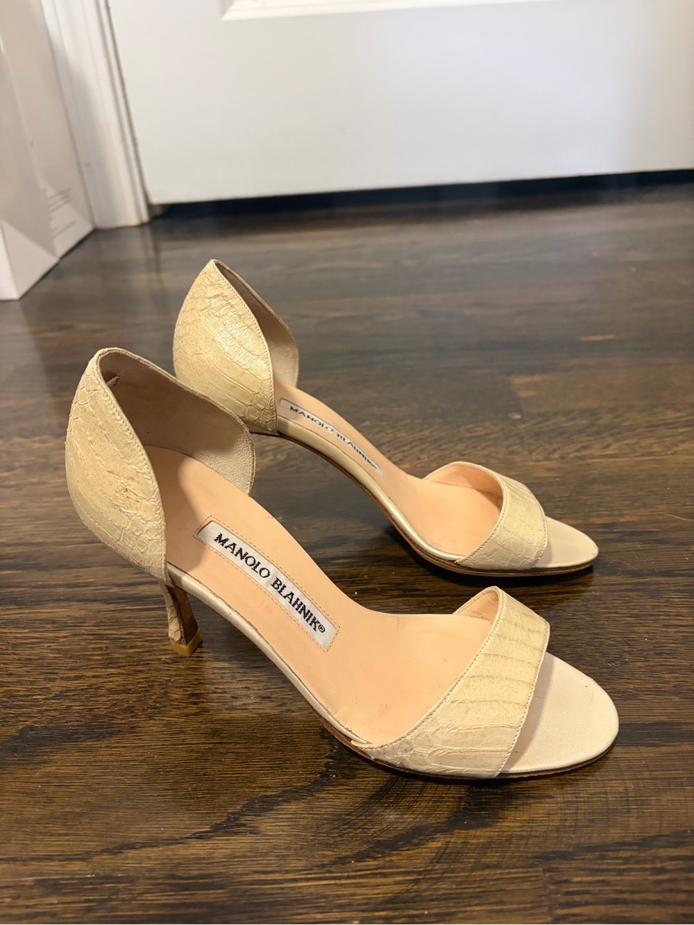 Manolo Blahnik Cream D'Orsay Open-Toe Heels